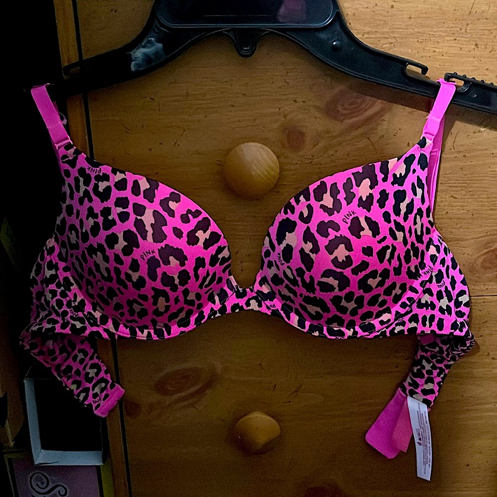 PINK Victoria secret HOT PINK CHEETAH Y2K MCBLING PUSH UP BRA 34B